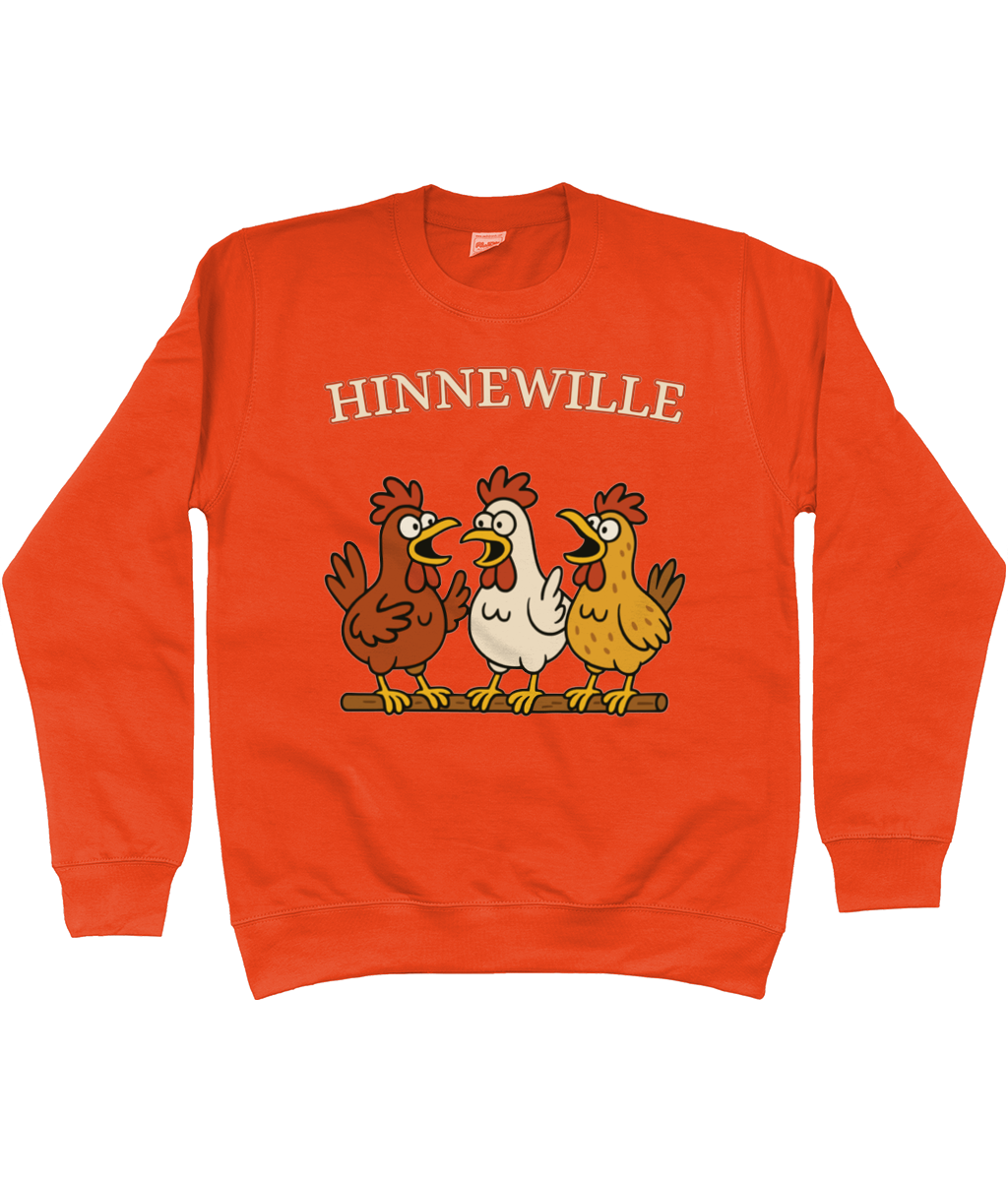 Warme sweater met vrolijk Fries design Hinnewille en drie kippen op een rij.