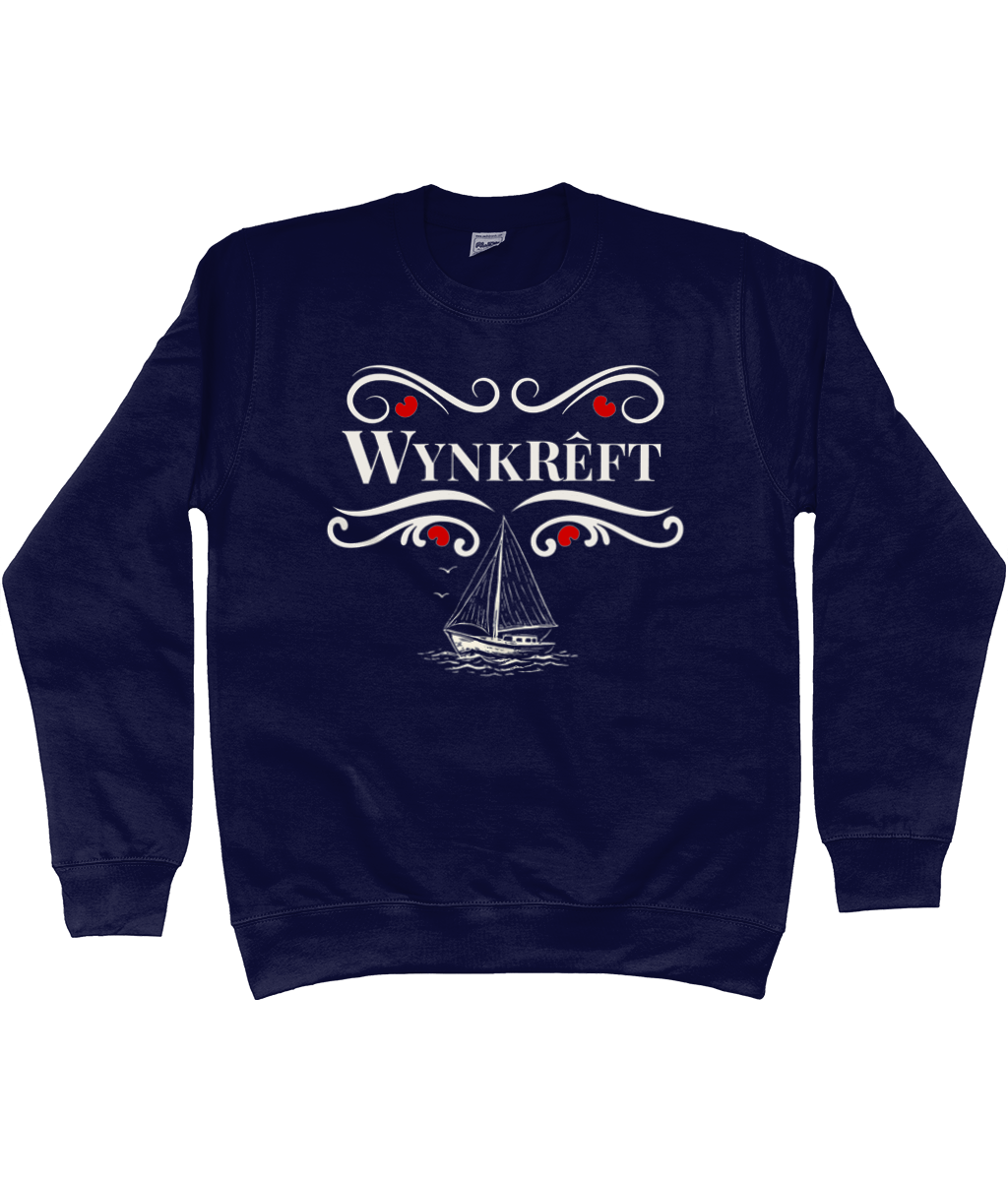Blauwe sweater met tekst Wynkrêft in sierlijke Delftsblauw stijl met rode pompeblêden accenten en Friese zeilboot illustratie