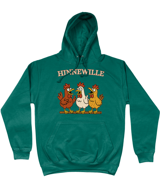 Comfy hoodie Hinnewille met cartoon kippen die gezellig kakelen.