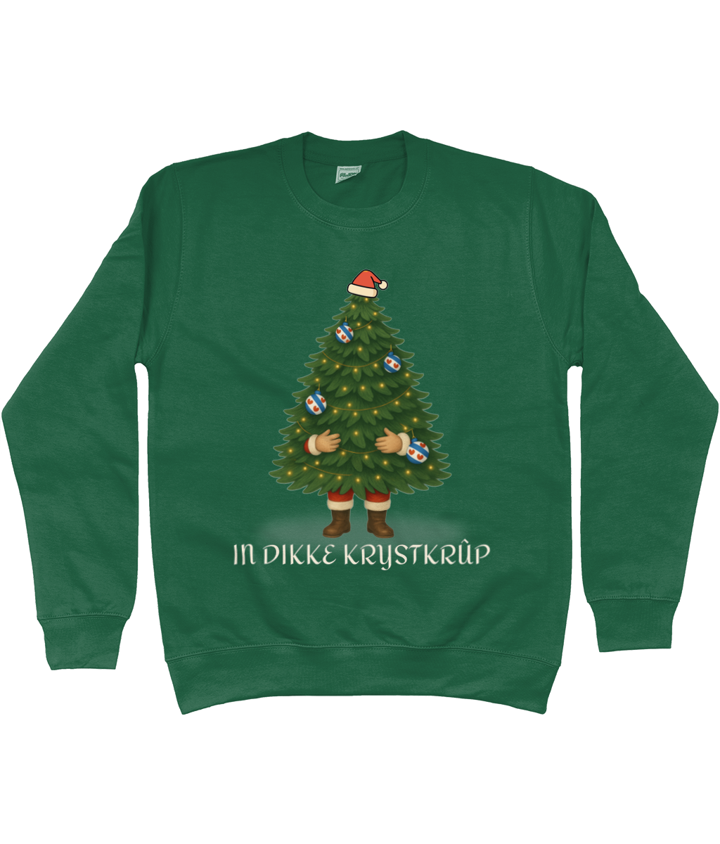 Foute Friese kersttrui “In Dikke Krystkrûp” –groene sweater met kerstboom, Friese kerstballen en tekst in het Fries.