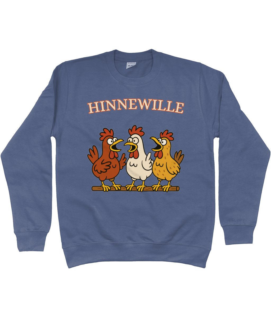 Warme sweater met vrolijk Fries design Hinnewille en drie kippen op een rij.
