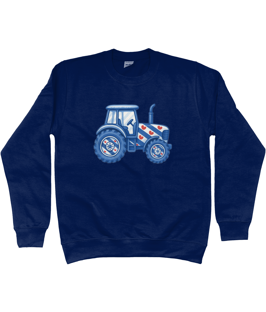 Blauwe sweater met blauwe tractor in Friese vlag stijl met pompeblêden