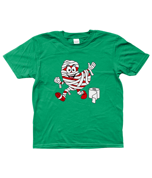 groen kinder T-shirt met Pompy, het Friese pompeblêd, verkleed als mummie met wc-papier – Halloween design