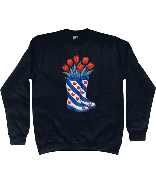 kleding met print van Friese vlag-laarzen gevuld met rode tulpen