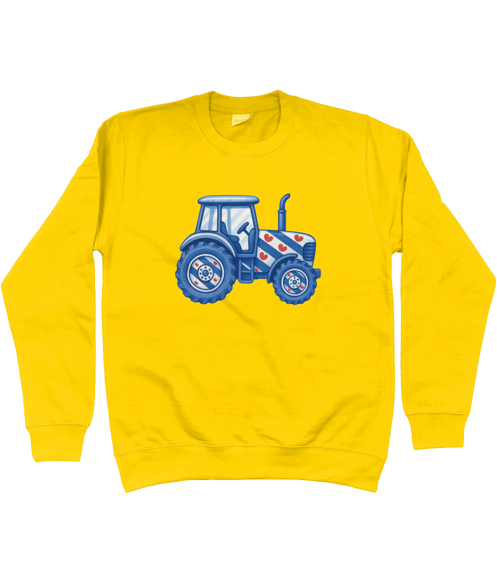 Gele sweater met blauwe tractor in Friese vlag stijl met pompeblêden