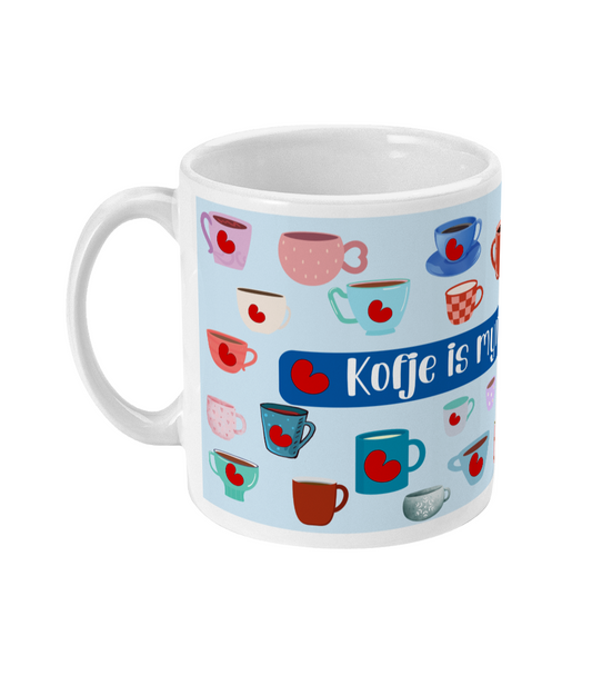 Witte mok met tekst Kofje is myn brânstof