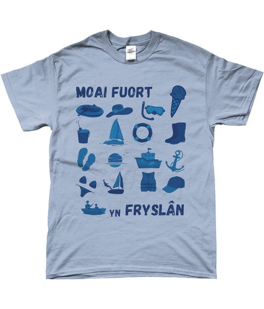 Fries T-shirt lichtblauw met tekst Moai fuort yn Fryslân
