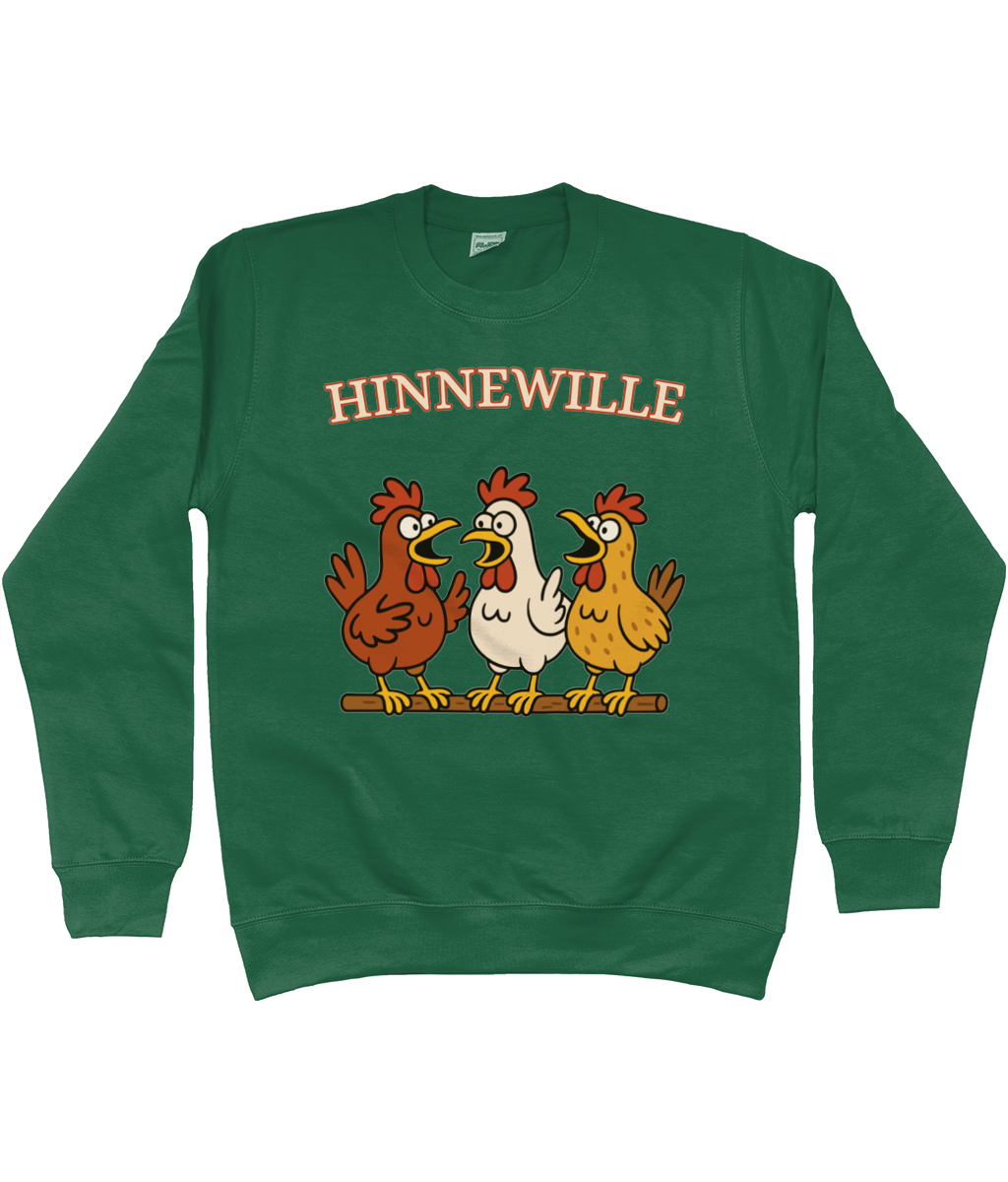 Warme sweater met vrolijk Fries design Hinnewille en drie kippen op een rij.
