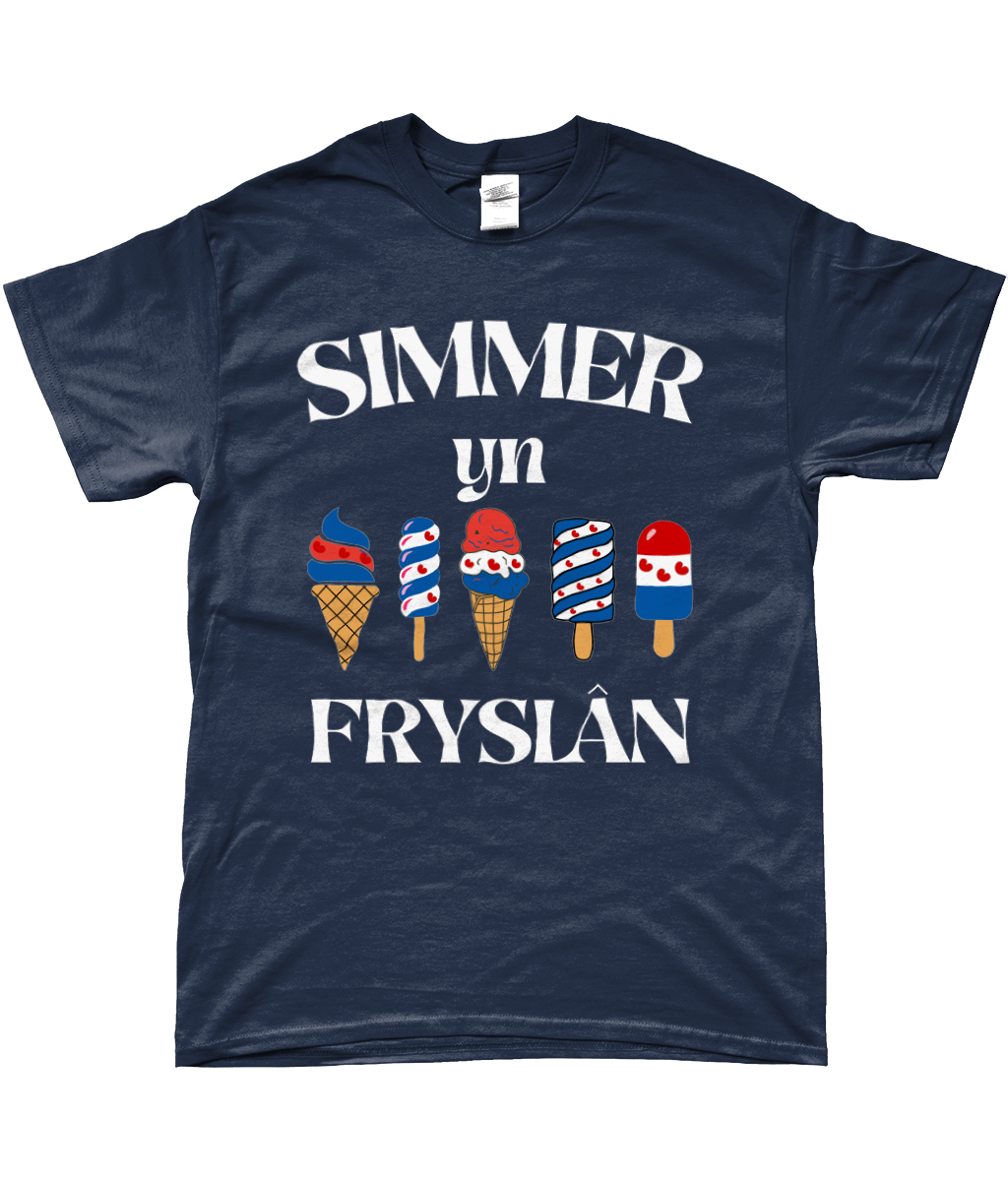 Fries T-shirt blauw met ijsjes en tekst Simmer yn Fryslân