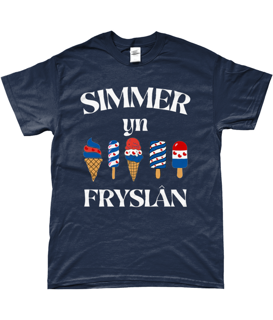 Fries T-shirt blauw met ijsjes en tekst Simmer yn Fryslân