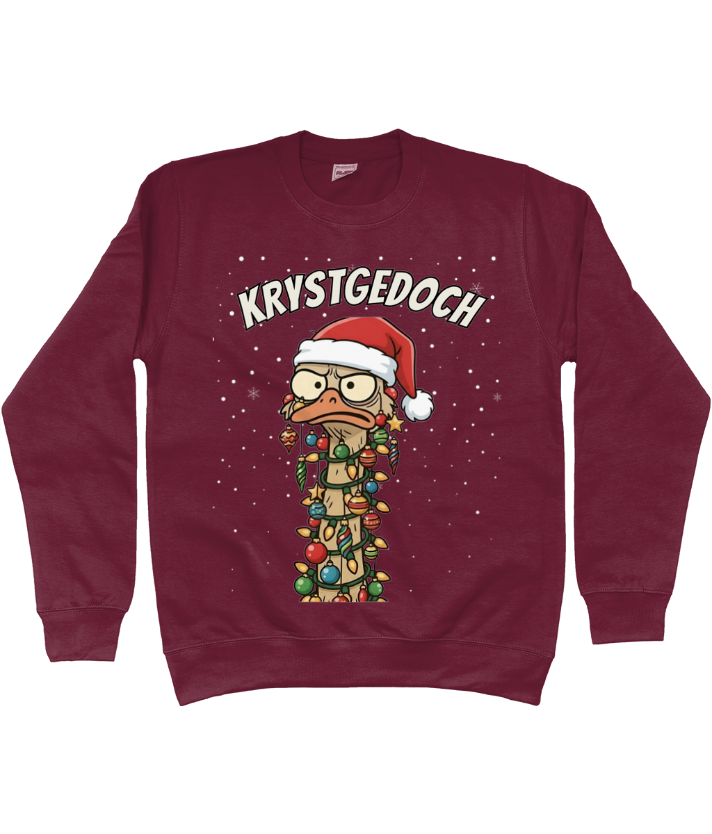 Burgundy kerst sweater met cartoon-struisvogel in kerstlampjes en kerstmuts, met de Friese tekst “Krystgedoch”.