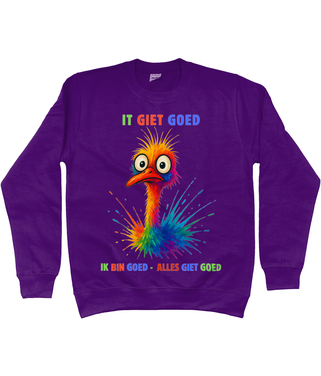 Sweatshirt met kleurrijke struisvogel en Friese tekst It giet goed – Ik bin goed – Alles giet goed.