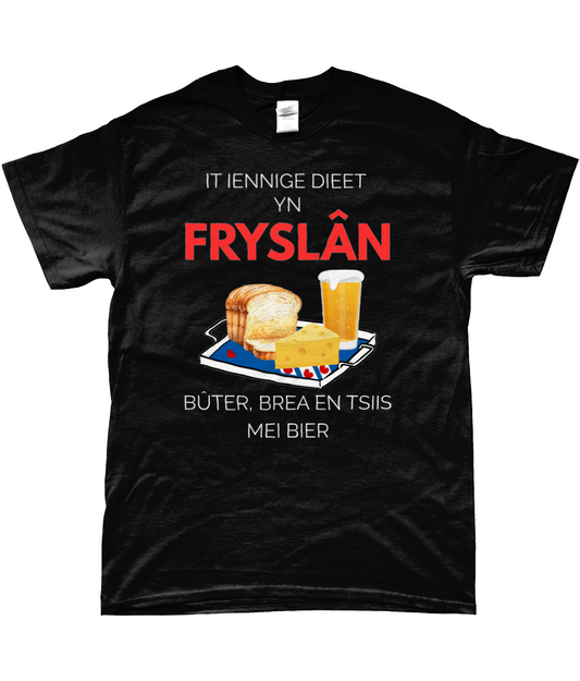 Fries T-shirt met tekst ‘Fryslân dieet: bûter, brea en tsiis mei bier’