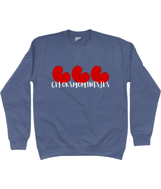 Friese sweater Geloksmomintsjes met pompeblêden in blauw – FrieseCreaties.nl