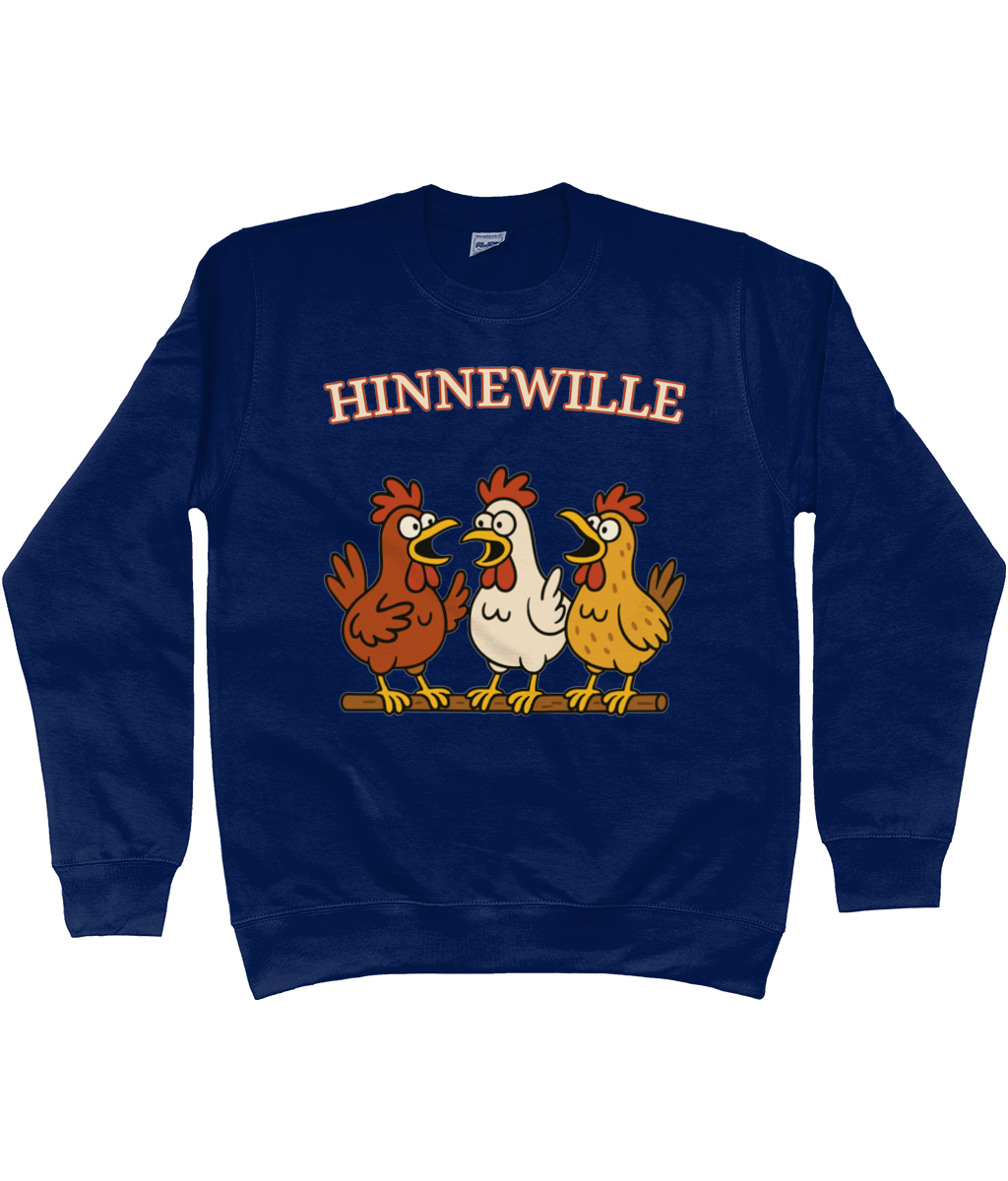 Warme sweater met vrolijk Fries design Hinnewille en drie kippen op een rij.