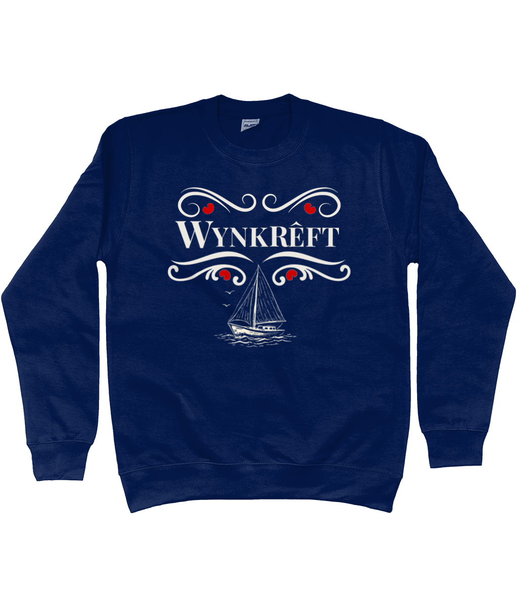 Blauwe sweater met tekst Wynkrêft in sierlijke Delftsblauw stijl met rode pompeblêden accenten en Friese zeilboot illustratie