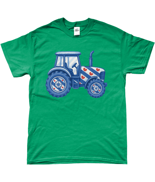 Groen T-shirt met blauwe tractor in Friese  stijl met pompeblêden