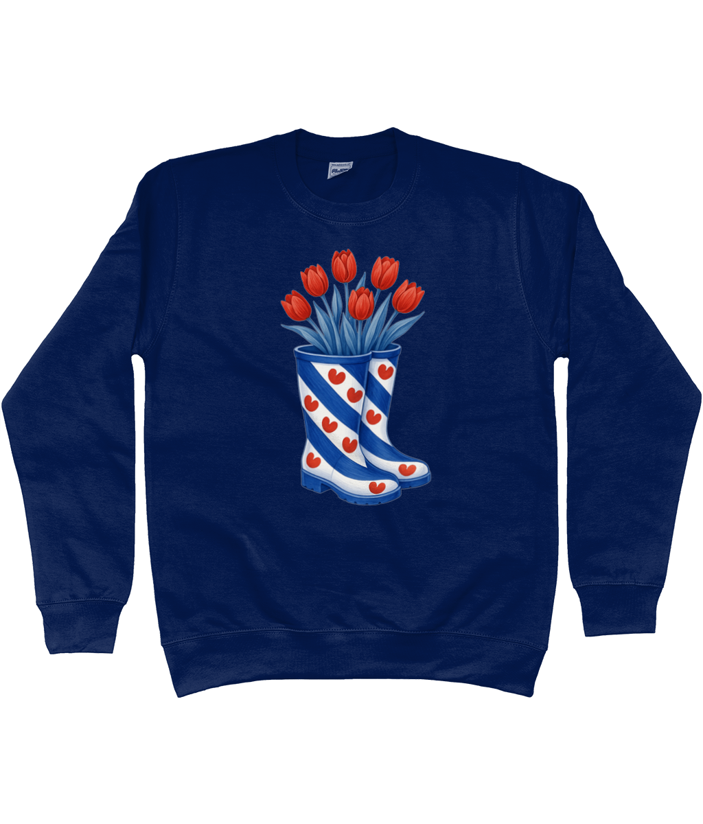 kleding met print van Friese vlag-laarzen gevuld met rode tulpen