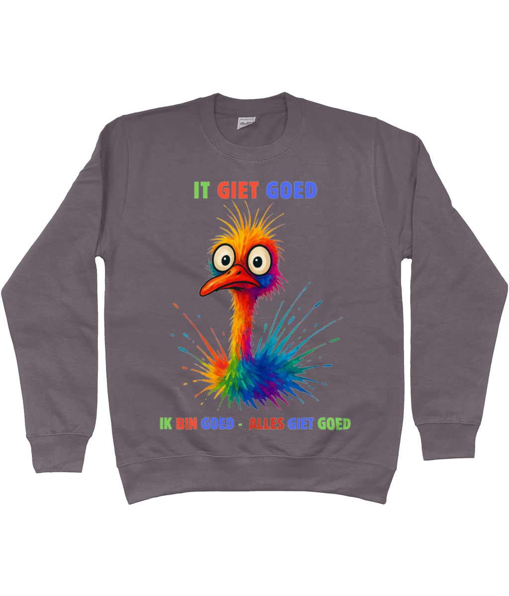 Sweatshirt met kleurrijke struisvogel en Friese tekst It giet goed – Ik bin goed – Alles giet goed.