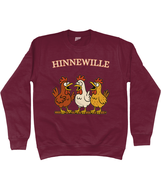 Warme sweater met vrolijk Fries design Hinnewille en drie kippen op een rij.