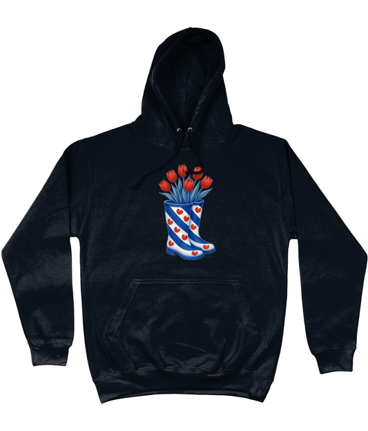 kleding met print van Friese vlag-laarzen gevuld met rode tulpen