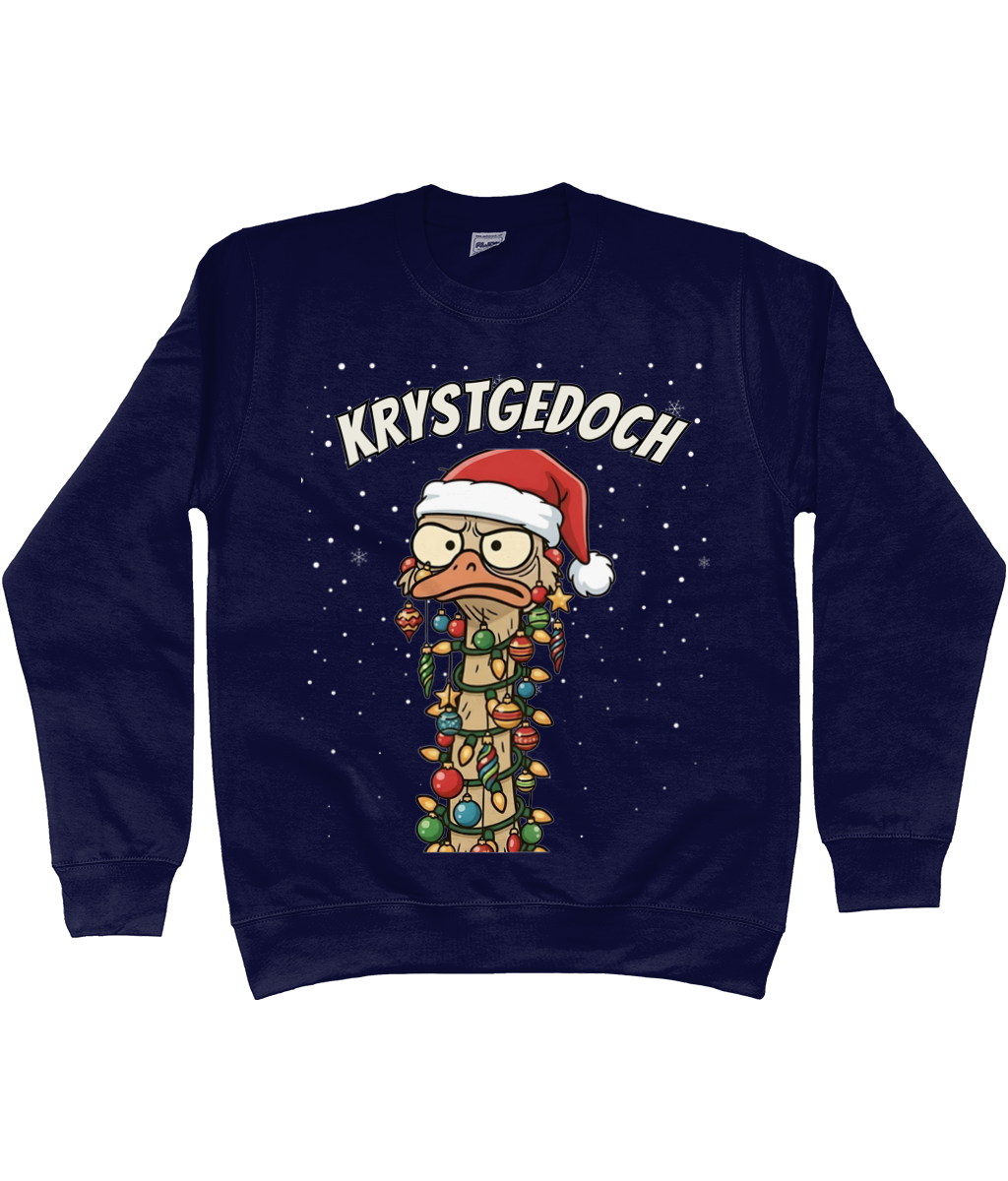 Blauwe kerst sweater met cartoon-struisvogel in kerstlampjes en kerstmuts, met de Friese tekst “Krystgedoch”.
