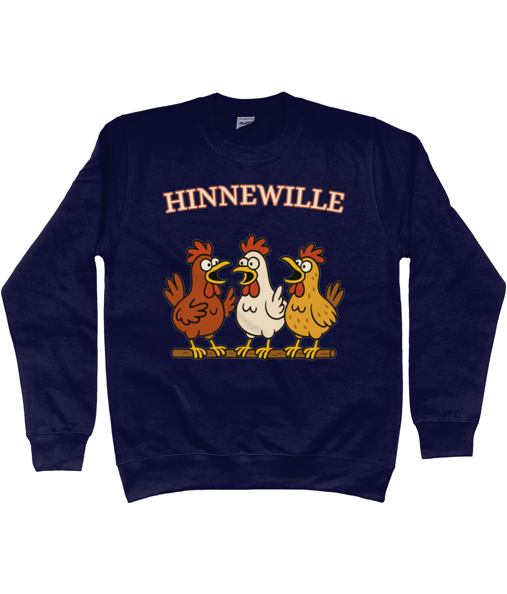 Warme sweater met vrolijk Fries design Hinnewille en drie kippen op een rij.