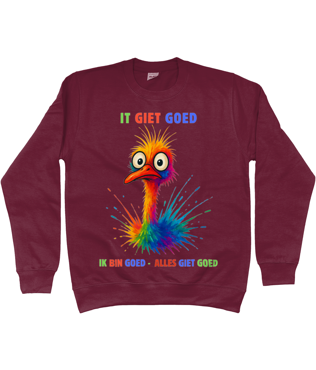 Sweatshirt met kleurrijke struisvogel en Friese tekst It giet goed – Ik bin goed – Alles giet goed.