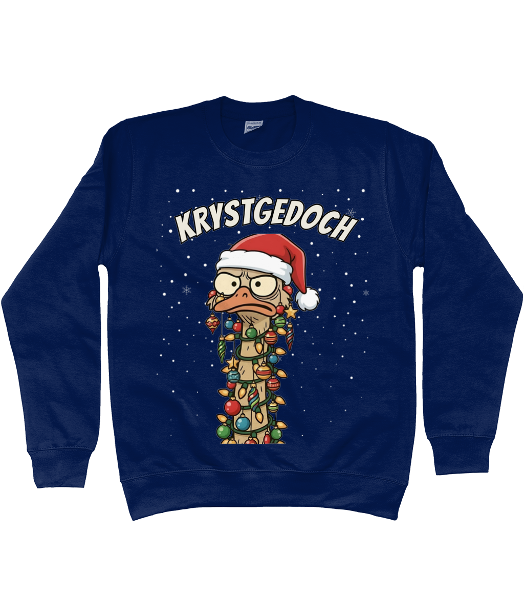 Blauwe kerst sweater met cartoon-struisvogel in kerstlampjes en kerstmuts, met de Friese tekst “Krystgedoch”.