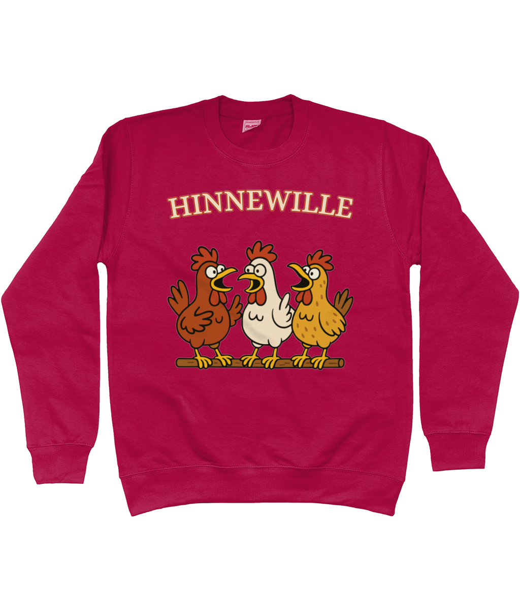 Warme sweater met vrolijk Fries design Hinnewille en drie kippen op een rij.