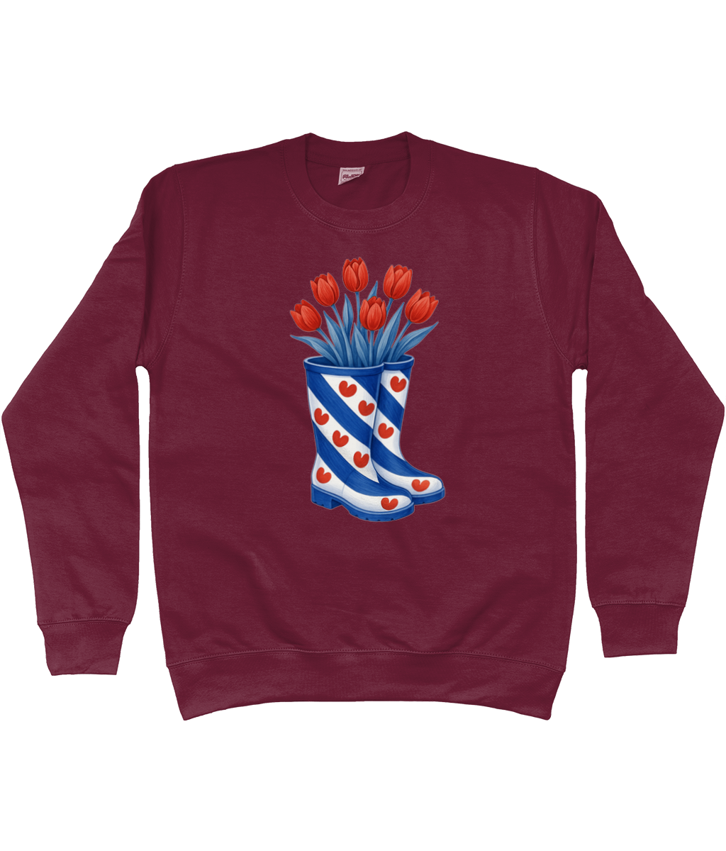 kleding met print van Friese vlag-laarzen gevuld met rode tulpen