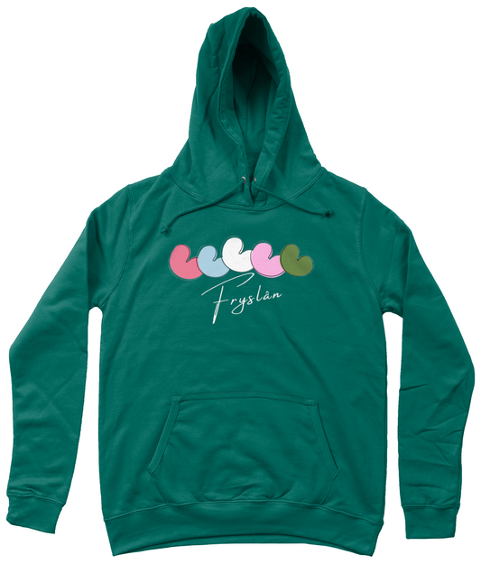 Groene dames hoodie met 5  pompeblêden en tekst Fryslân