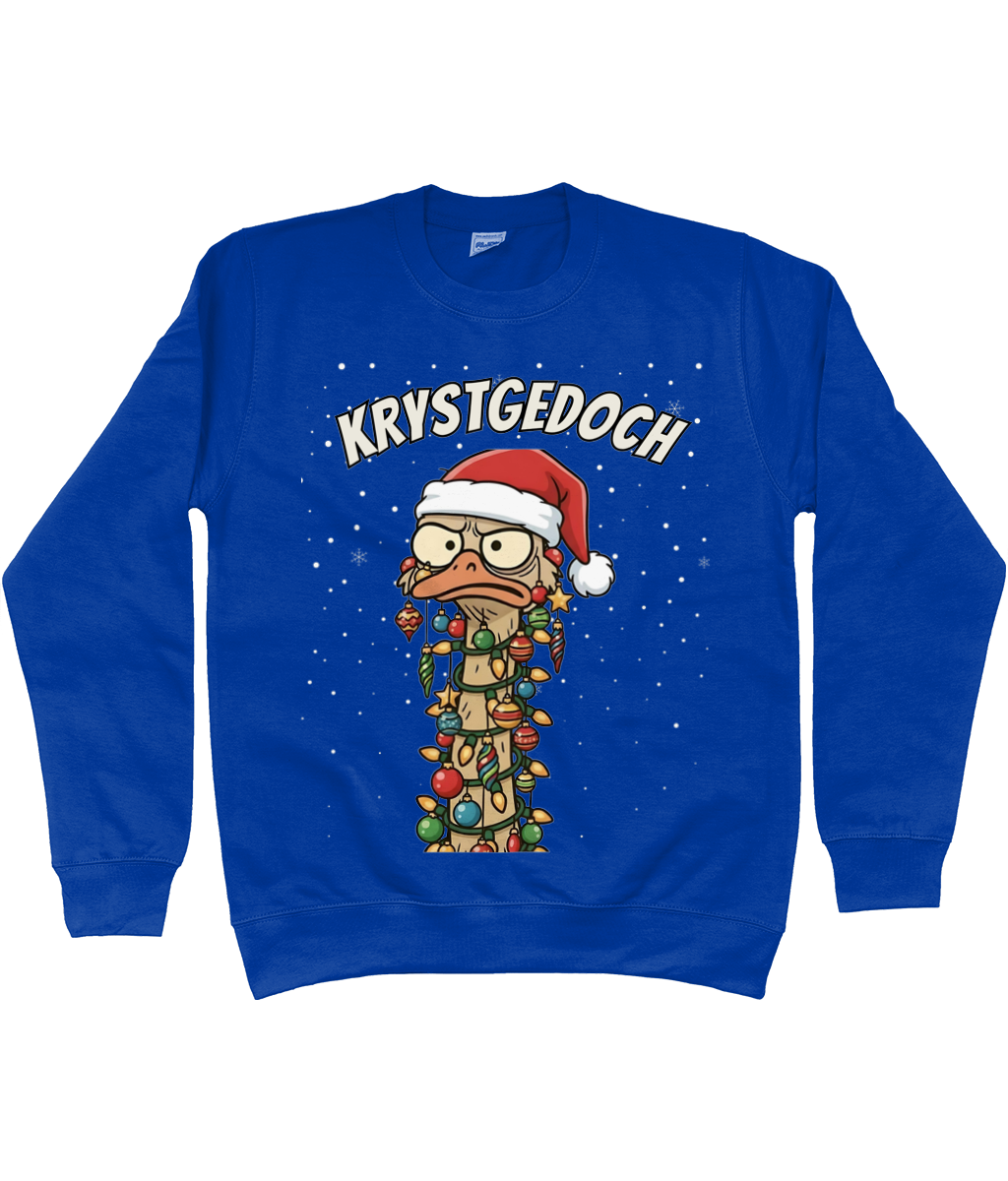 Blauwe kerst sweater met cartoon-struisvogel in kerstlampjes en kerstmuts, met de Friese tekst “Krystgedoch”.