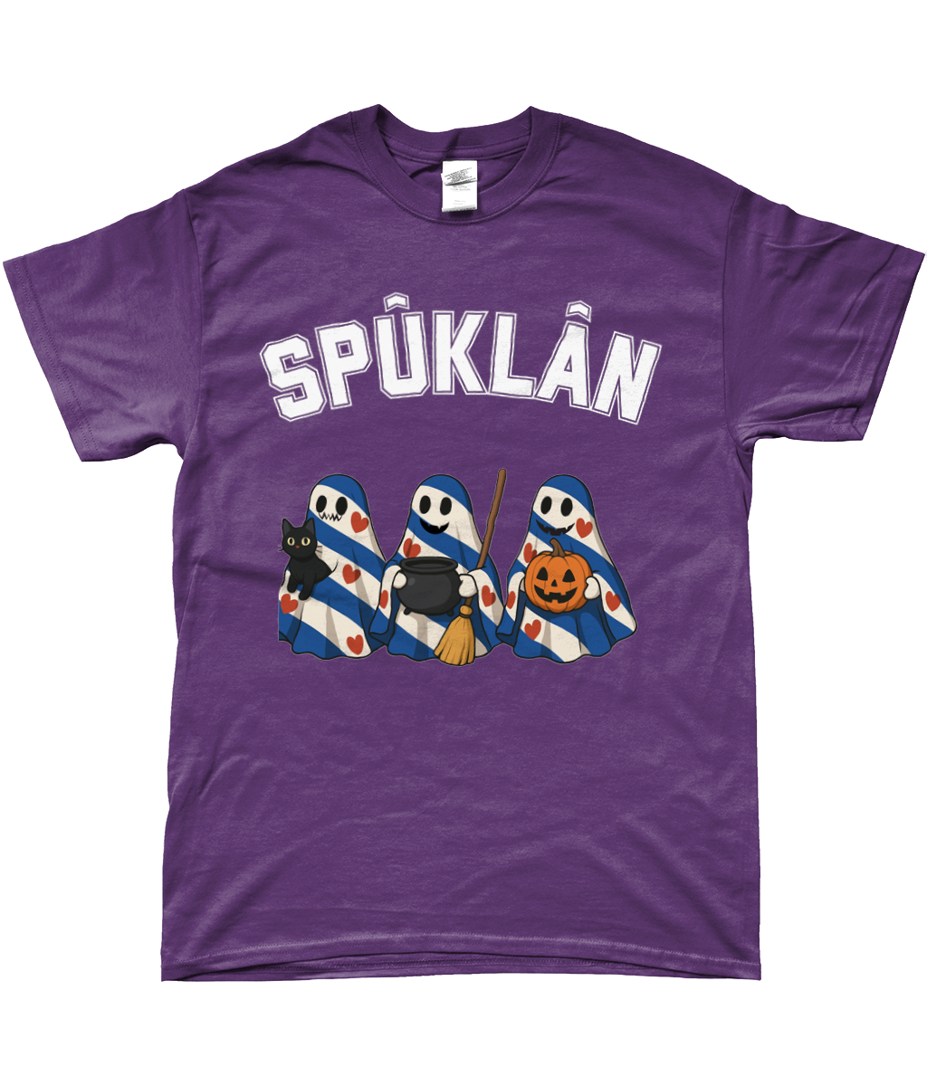 paars T-shirt met drie Friese spookjes en tekst Spûklân, Halloween-stijl