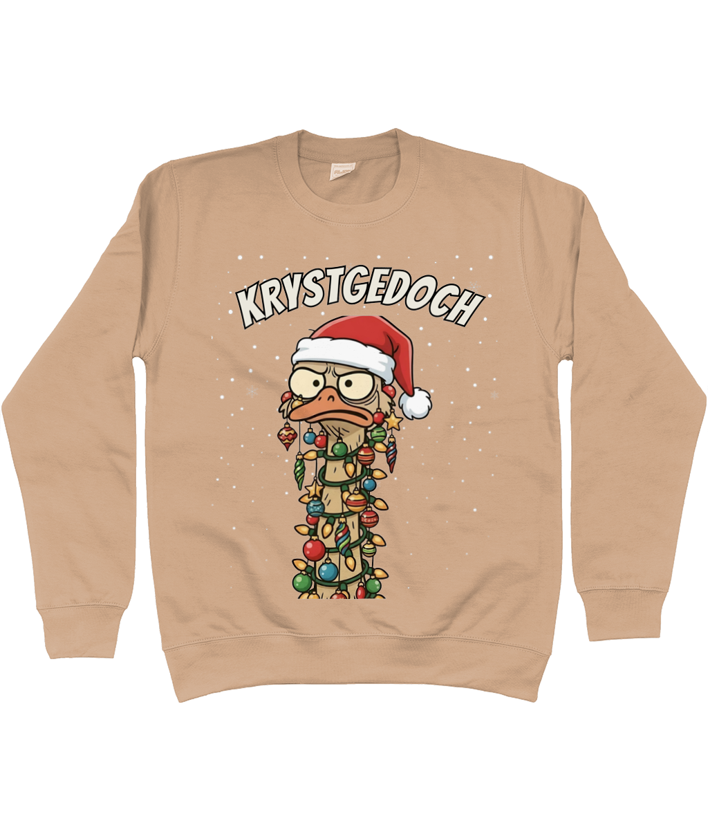 Zand kerst sweater met cartoon-struisvogel in kerstlampjes en kerstmuts, met de Friese tekst “Krystgedoch”.