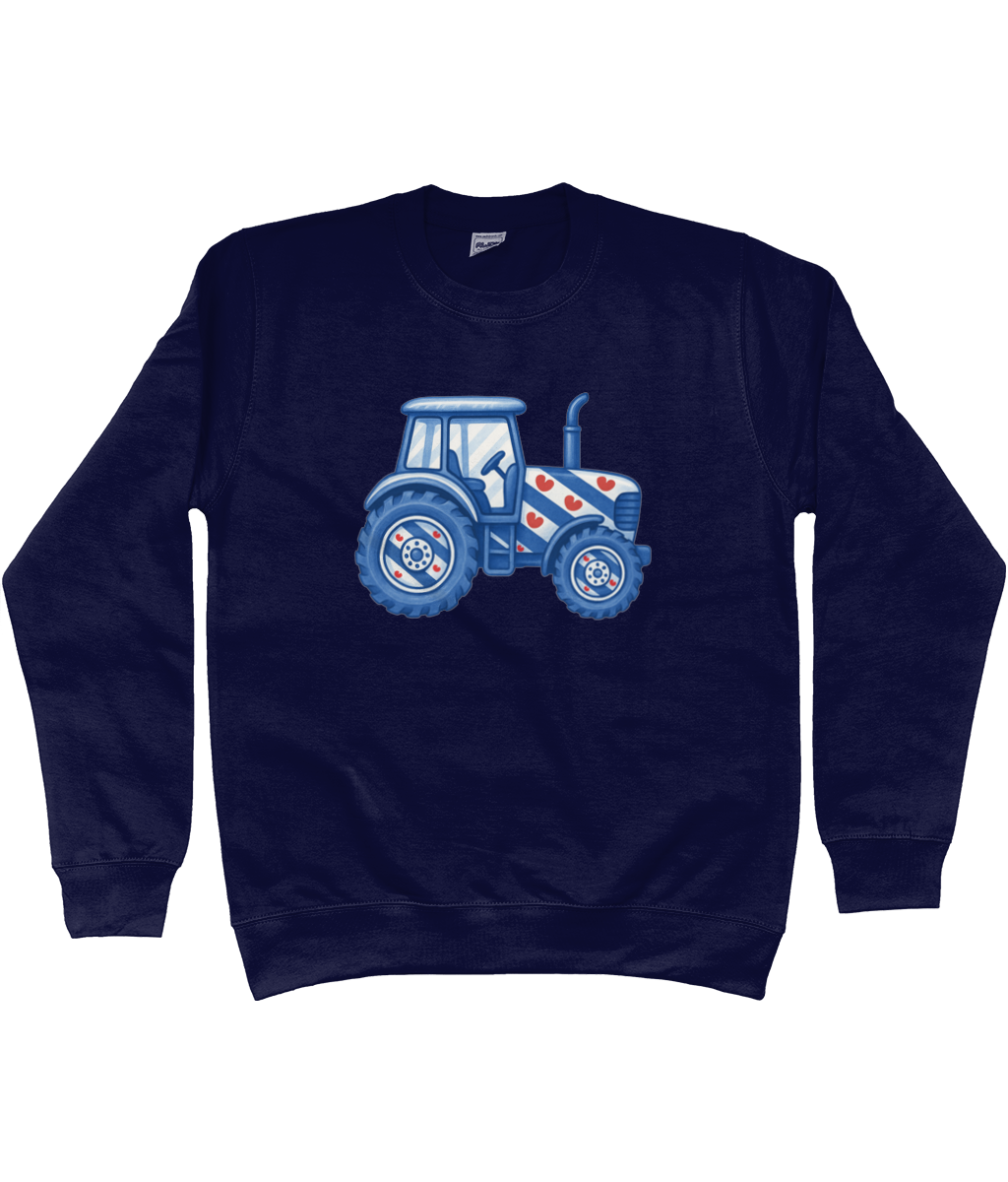 Blauwe sweater met blauwe tractor in Friese vlag stijl met pompeblêden