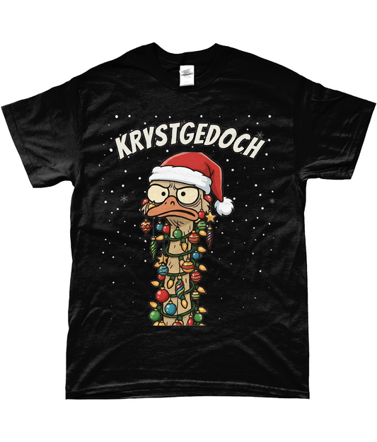 Zwarte kerst T-shirt met cartoon-struisvogel in kerstlampjes en kerstmuts, met de Friese tekst “Krystgedoch”.
