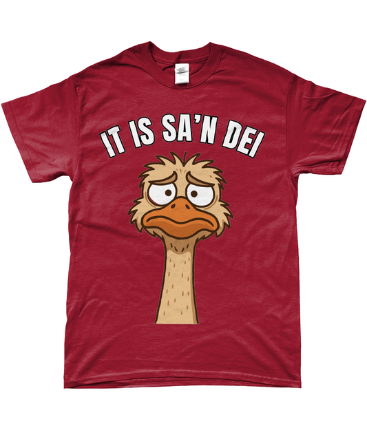 Rood T-shirt met cartoon struisvogel en Friese tekst “It is sa’n dei” – grappig Fries design