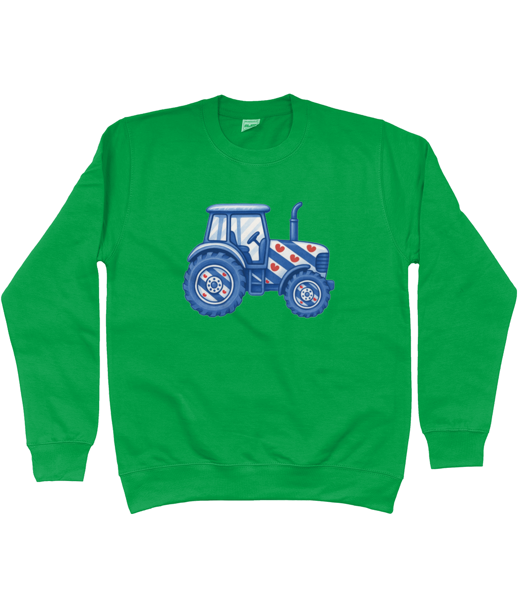 Groene sweater met blauwe tractor in Friese vlag stijl met pompeblêden