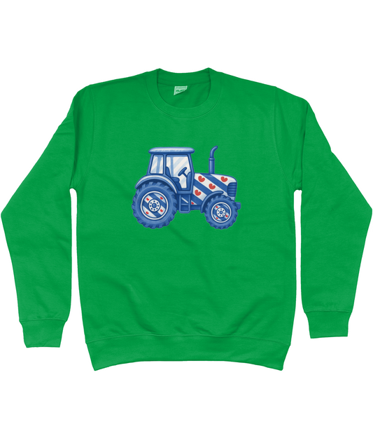 Groene sweater met blauwe tractor in Friese vlag stijl met pompeblêden