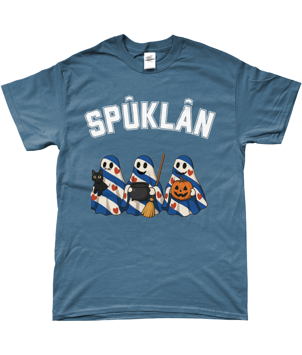  T-shirt met drie Friese spookjes en tekst Spûklân, Halloween-stijl