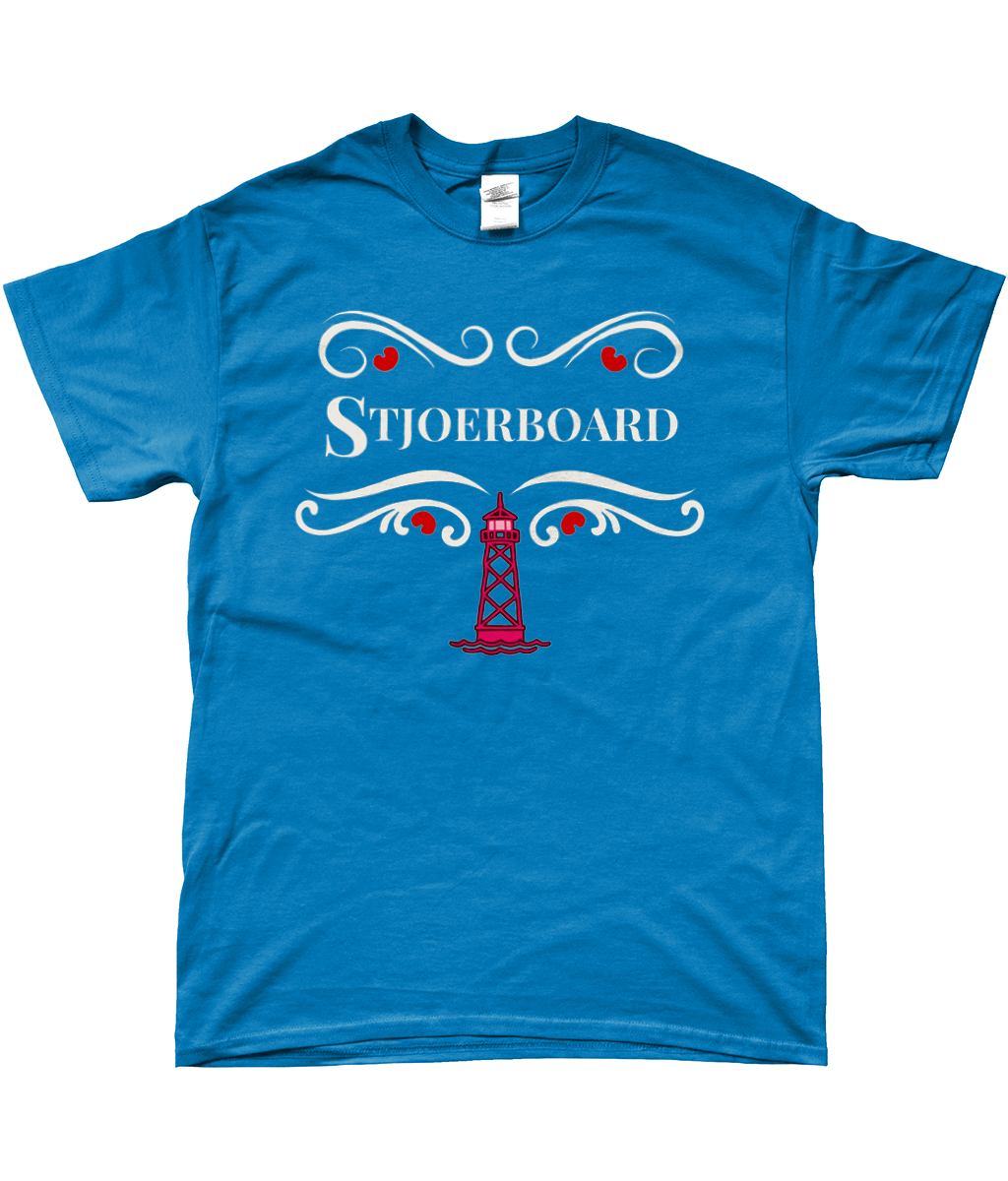 Blauw T-shirt met Fries maritiem ontwerp Stjoerboard in Delftsblauw stijl met sierornamenten en rood baken