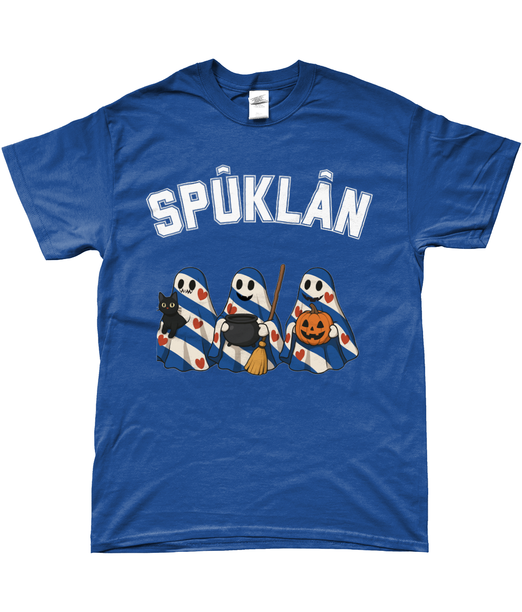  T-shirt met drie Friese spookjes en tekst Spûklân, Halloween-stijl
