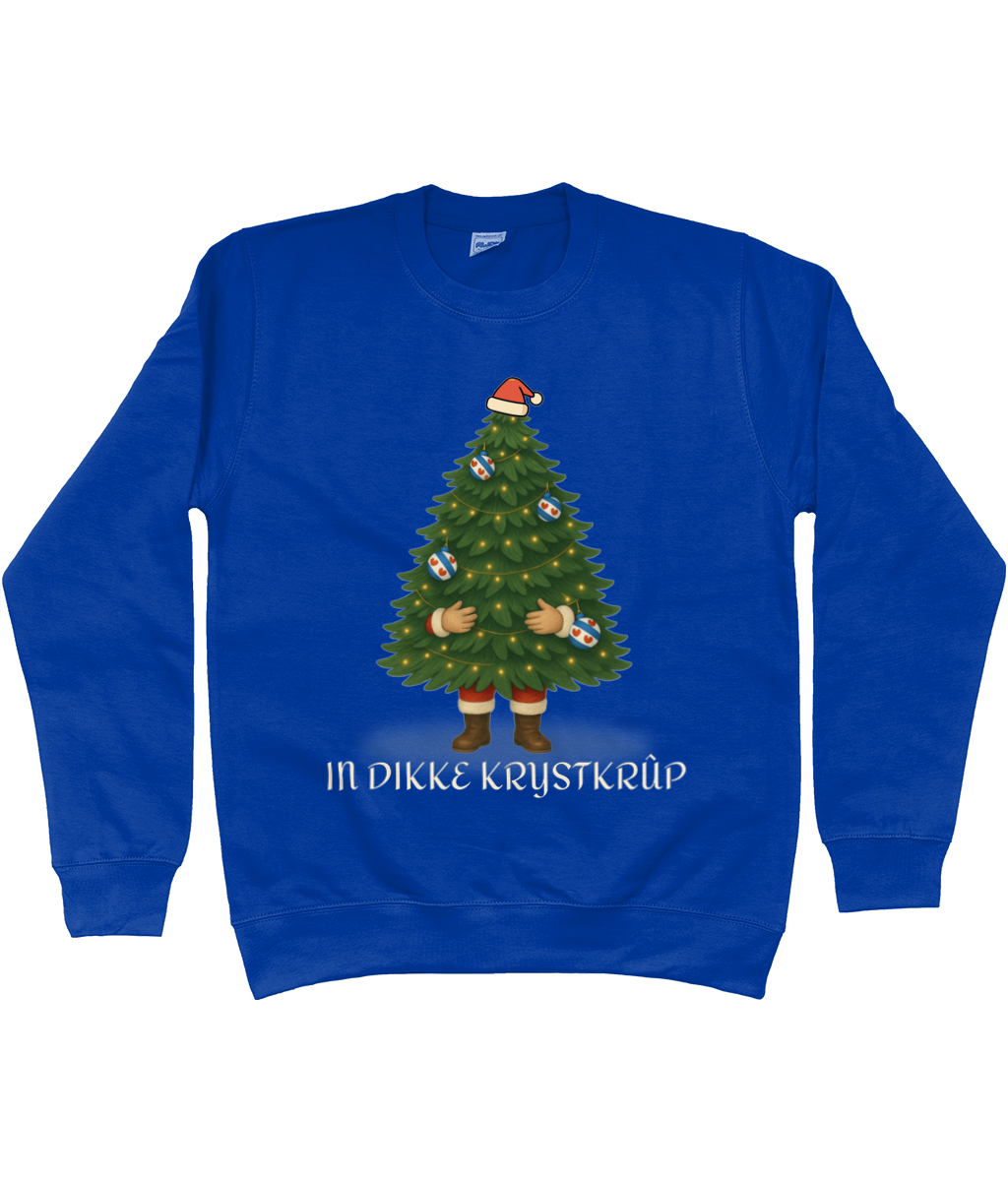 Foute Friese kersttrui “In Dikke Krystkrûp” – sapphire sweater met kerstboom, Friese kerstballen en tekst in het Fries.
