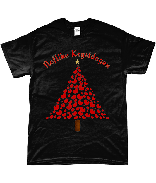 T-shirt met Friese kerstboom van rode pompeblêdjes en tekst “Noflike Krystdagen” – Friese kerstkleding