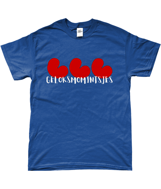 Fries T-shirt Geloksmomintsjes met pompeblêden in royal blauw – FrieseCreaties.nl