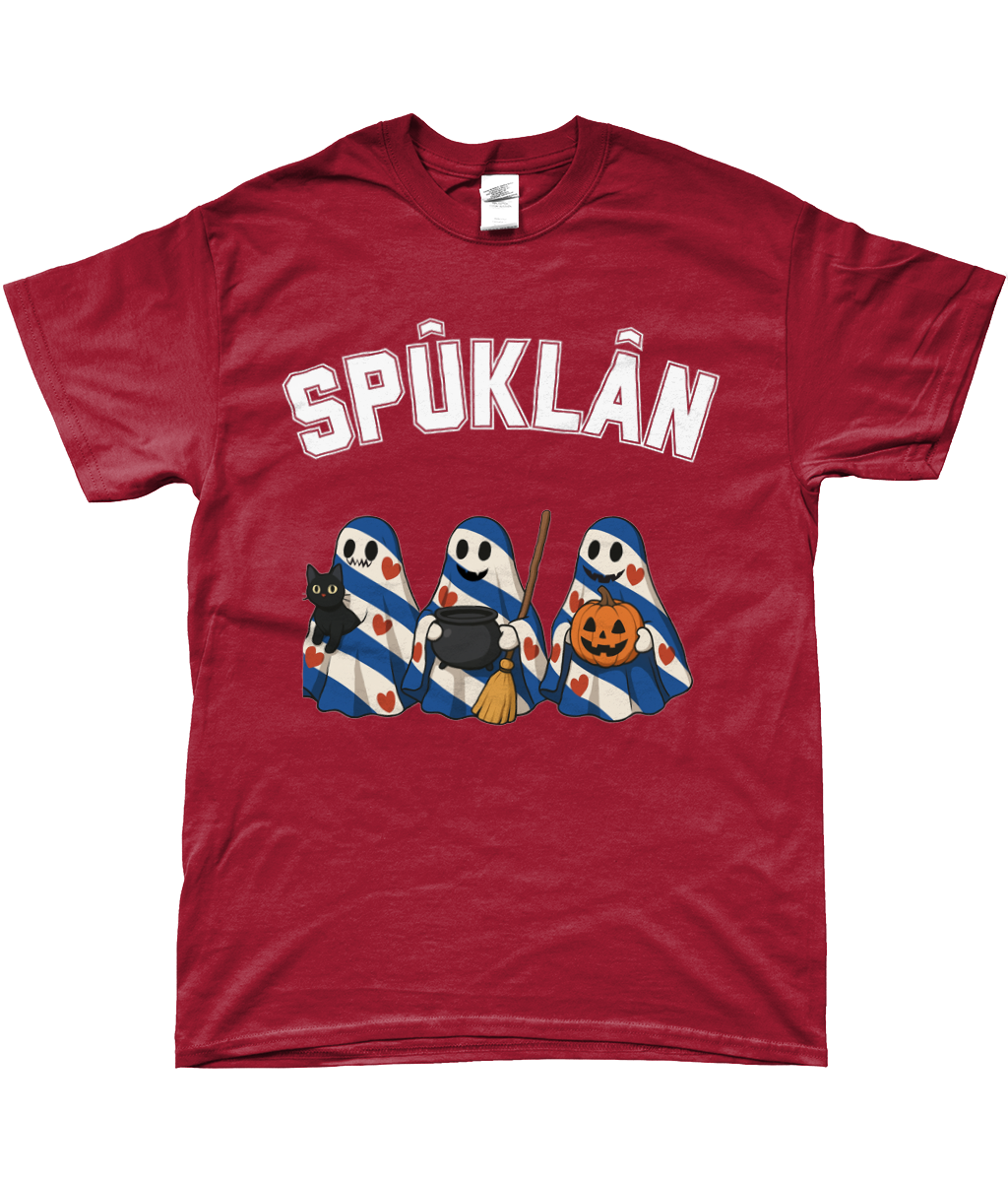  T-shirt met drie Friese spookjes en tekst Spûklân, Halloween-stijl