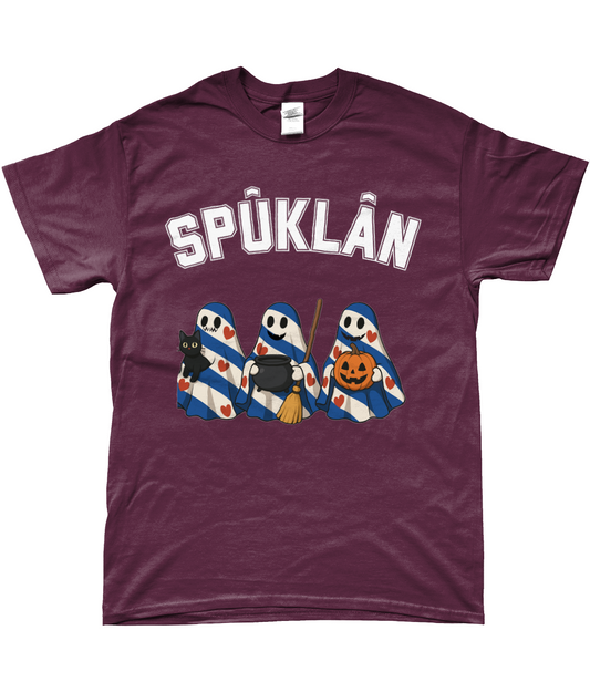 Bordeaux T-shirt met drie Friese spookjes en tekst Spûklân, Halloween-stijl