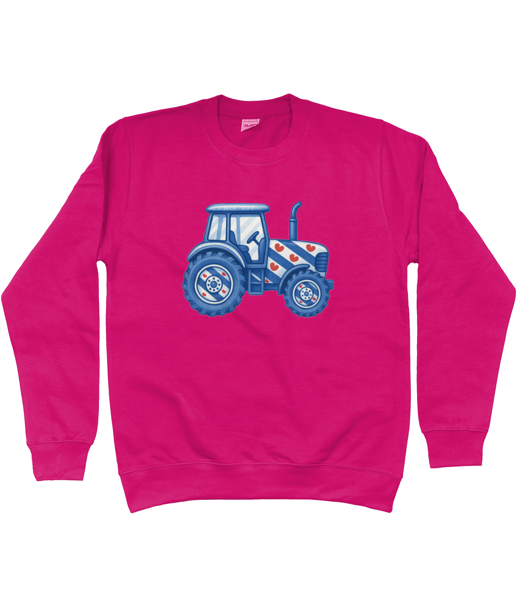  sweater met blauwe tractor in Friese vlag stijl met pompeblêden