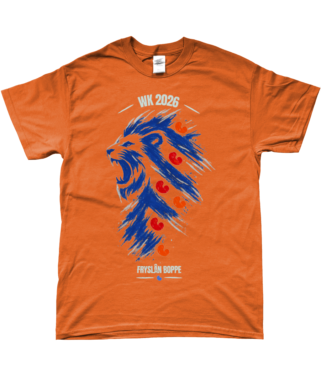 Oranje T-shirt met blauwe leeuw in Friese vlag stijl met rode pompeblêden en tekst Fryslân Boppe WK 2026
